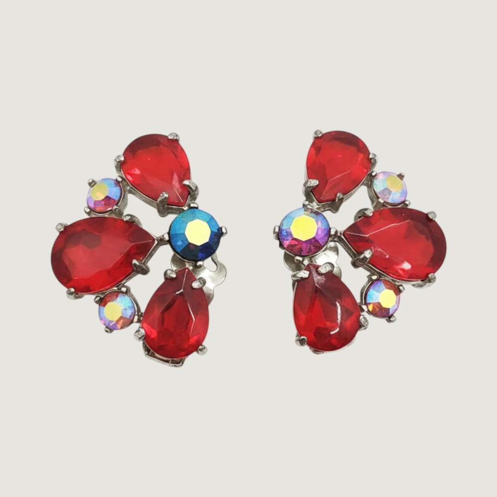 Vintage Red Teardrop‎ AB Rhinestone Clip On Earrings Glam Hollywood Regency